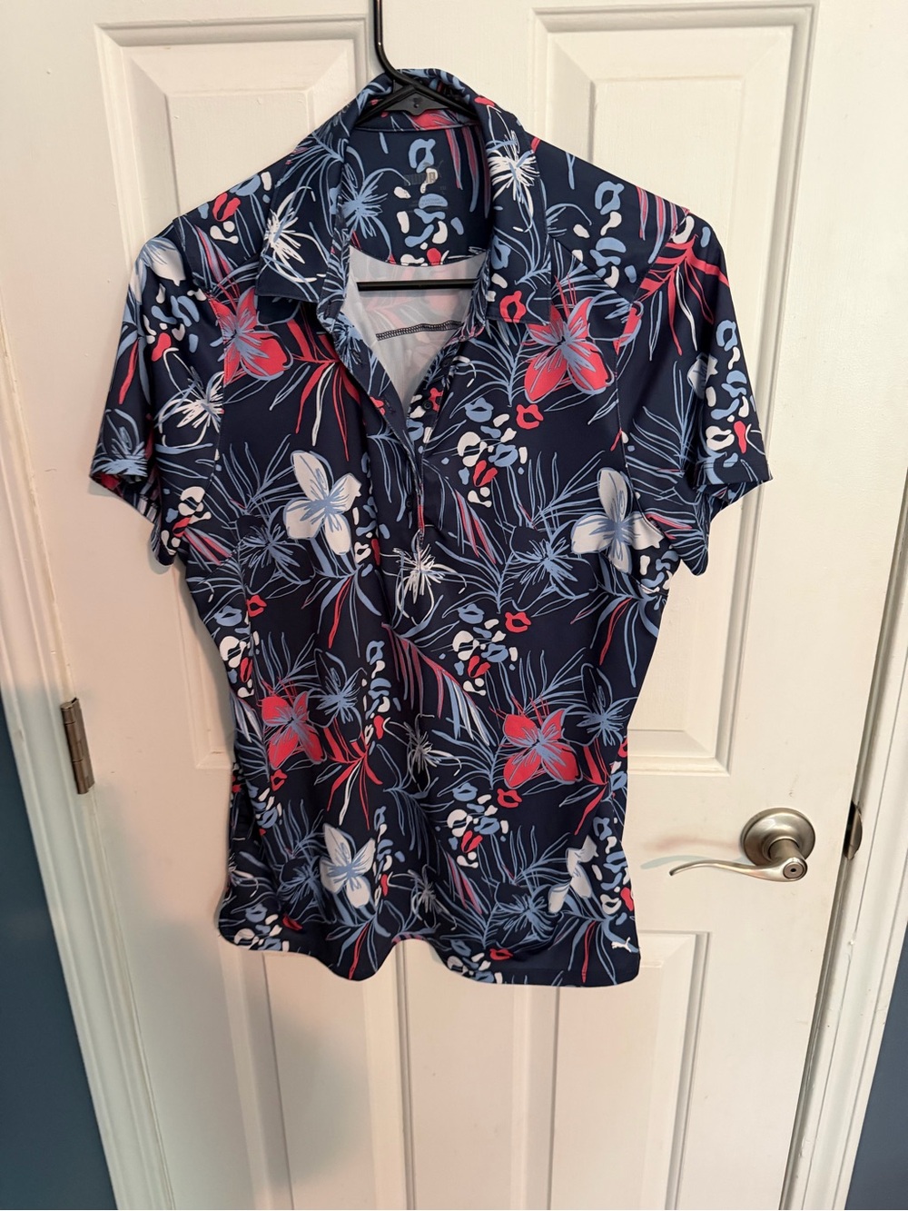 Puma Women’s Navy Floral Golf Polo Shirt with Red & White Blooms